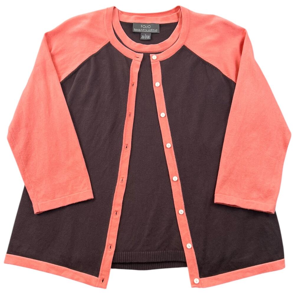 Y2K Folio Saks Fifth Avenue Colorblock Cardigan & Shell Sweater Set 3/4 Sleeve L